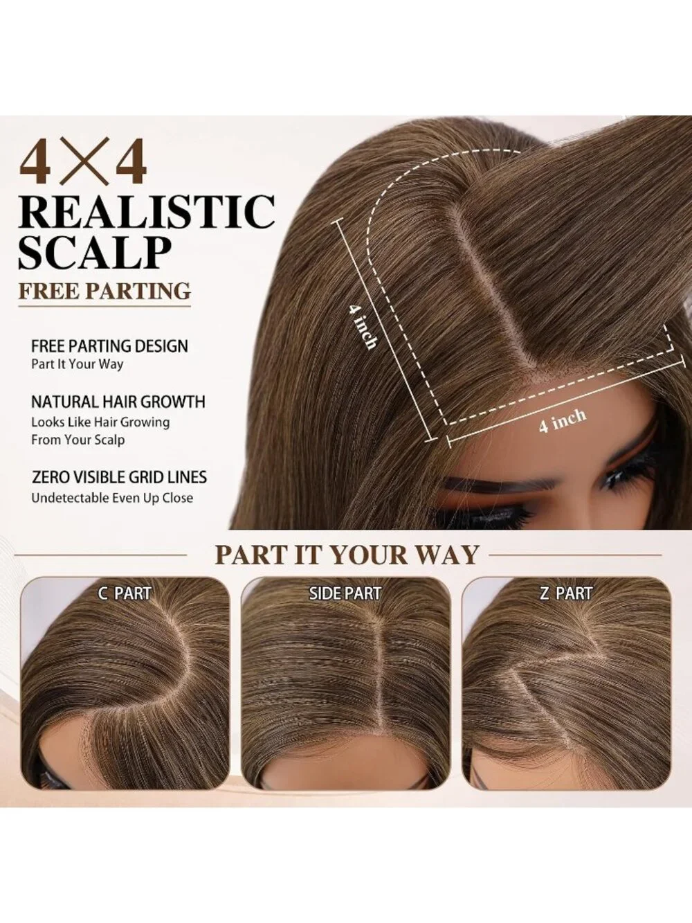 Women's 26 Inch Ash Brown Long Wavy Synthetic Glue Less 4x4 Lace Front Wig